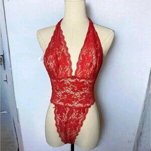 Vintage roselle red plunge lingerie bodysuit S